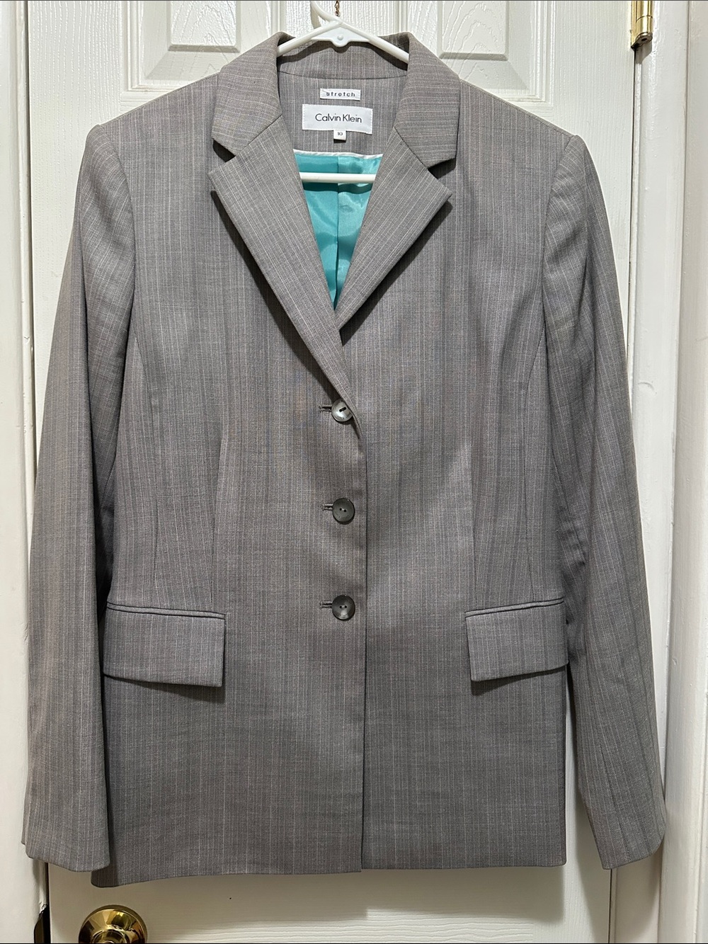 Calvin Klein Women's Light Gray Pinstripe Blazer with Teal Lining